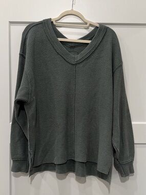 aerie Washed Slate Green V-Neck Waffle Pullover Sweater